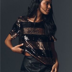 Anthropologie Maeve Black and Gold Sequin Short Sleeve Top